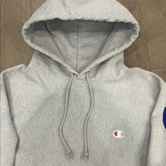 Champion Light Gray Hoodie 😍 Reverse Weave Flock Arm Script  Sweatshirt • Large - Picture 8 of 15